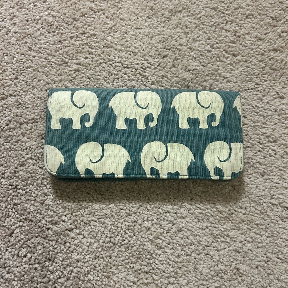 Malia Designs Elephant Print Long Wallet Teal and Cream Cotton